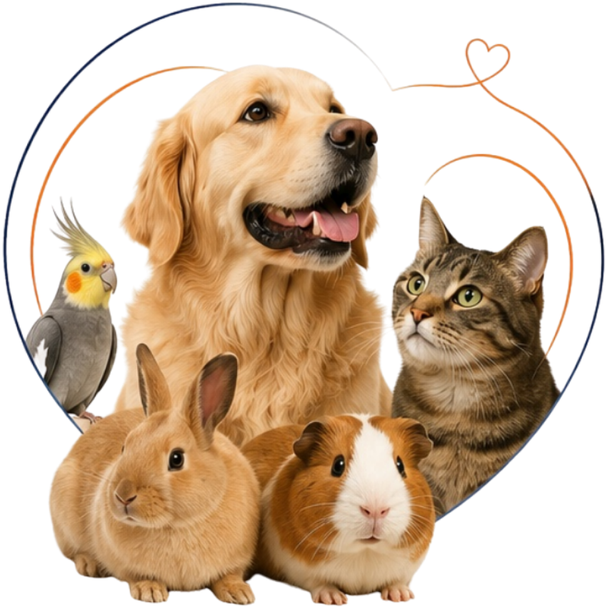 Cão, gato, pássaro, coelho e porquinho-da-índia